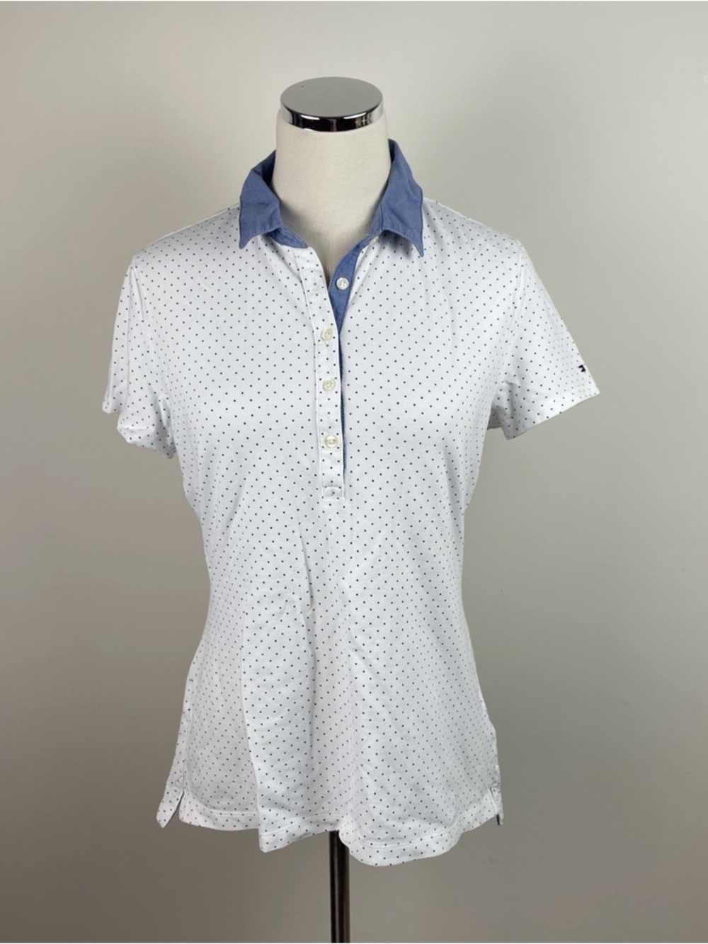 Tommy Hilfiger White Navy Blue Polka Dot Collared Polo Short Sleeve Shirt Top